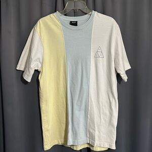 HUF Men's Tri-Panel Tee in Cream, Light Blue, and White